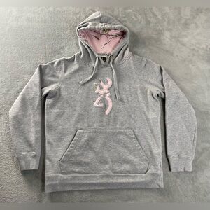 Browning Hoodie Pullover Sweatshirt Women’s L Gray Pink Camo Logo Long Sleeve